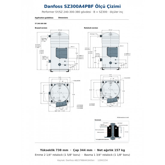Danfoss SZ300A4PBF სპირალური კომპრესორი (120H2154) | 25 HP | 248.356 BTU/h გაგრილების სიმძლავრით | R407C / R134a / R513A | სამფაზა 380-415V
