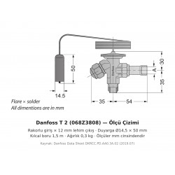 Danfoss T 2 ტრვ (ტერმორეგულირებადი ვენტილი) (068Z3808) – R452A, შიდა გათანაბრებით, გაიკის შესასვლელი × 12 mm ჩასარჩილი გამოსასვლელი
