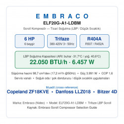 Embraco ELF20G-A1-LDBM სპირალური კომპრესორი | 6 HP | 22.050 BTU/h (6.457 W) LBP გაგრილება | სამფაზა | R404A (სერვისის ვენტილებით)