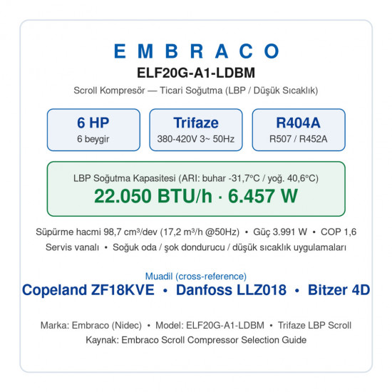 Embraco ELF20G-A1-LDBM სპირალური კომპრესორი | 6 HP | 22.050 BTU/h (6.457 W) LBP გაგრილება | სამფაზა | R404A (სერვისის ვენტილებით)