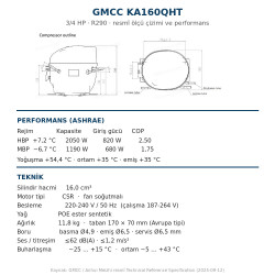 GMCC KA160QHT ჰერმეტული კომპრესორი – 3/4 HP, R290, 2.050 W / 6.995 BTU/h