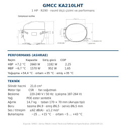 GMCC KA210LHT ჰერმეტული კომპრესორი – 1 HP, R290, 2.660 W / 9.076 BTU/h