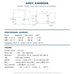 GMCC KA90HHA ჰერმეტული კომპრესორი – 3/8 HP, R290, 1.255 W / 4.282 BTU/h