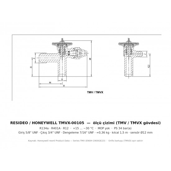 Resideo (Honeywell) TMVX-00105 Thermostatic Expansion Valve – R134a/R401A/R12, External Equalizer, +15…−30 °C, Interchangeable Orifice