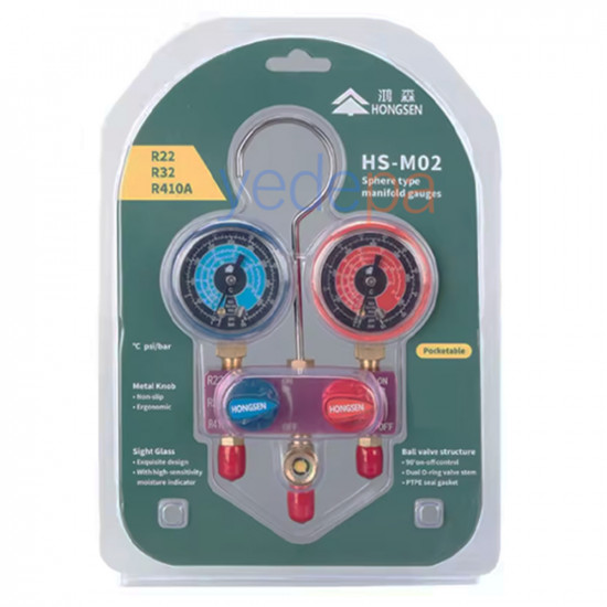 Hongsen HS-M02 2-Valve Manifold Set - Compatible with R134A, R22, R32, R410