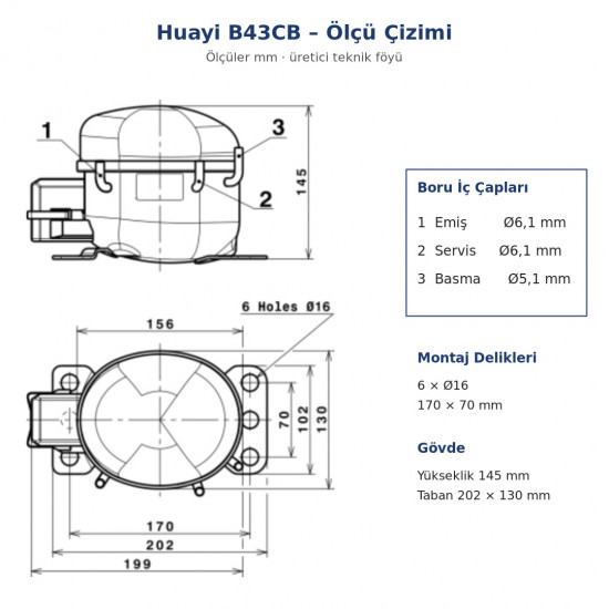 Huayi B43CB Hermetic Refrigerator Compressor – 1/12 HP, R600a, LBP 69 W