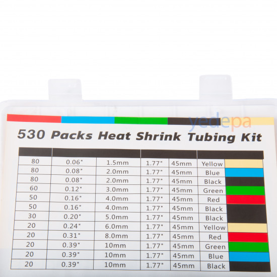Heat Shrink Tubing Set - 530 Pieces, 45mm Length, Various Diameters and Colors