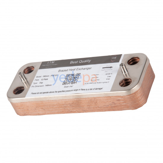 კატიოლის ფირფიტოვანი ტეპლოობმენნიკი - 190 mm, 12 ფირფიტა, ხრახნებს შორის მანძილი 148 mm - Tiberis, Protherm, Ariston თავსებადი