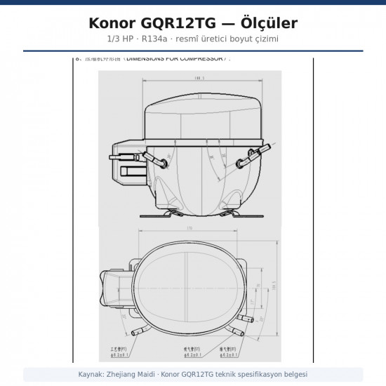 Konor GQR12TG ჰერმეტული კომპრესორი – 1/3 HP, R134a, 1.265 W / 4.316 BTU/h