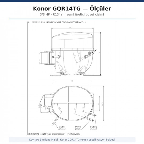 Konor GQR14TG ჰერმეტული კომპრესორი – 3/8 HP, R134a, 1.320 W / 4.504 BTU/h