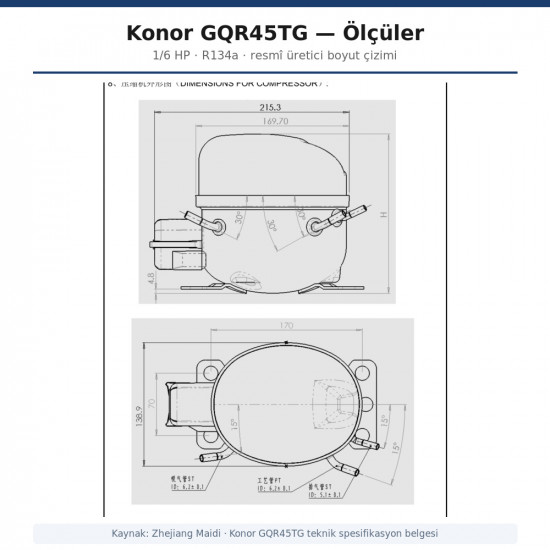 Konor GQR45TG ჰერმეტული კომპრესორი – 1/6 HP, R134a, 440 W / 1.501 BTU/h