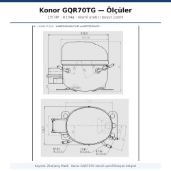 Konor GQR70TG ჰერმეტული კომპრესორი – 1/5 HP, R134a, 725 W / 2.474 BTU/h