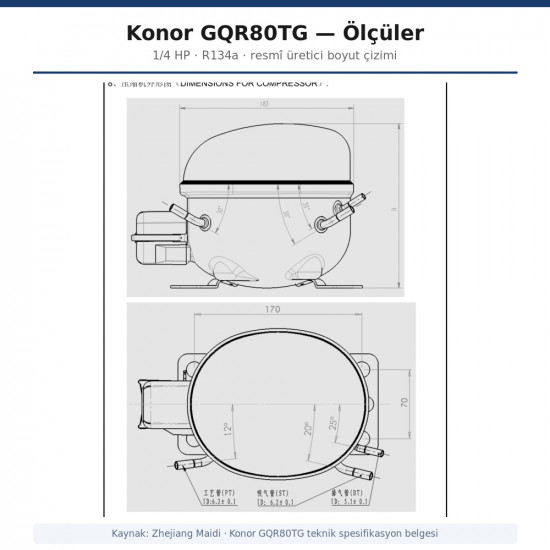 Konor GQR80TG ჰერმეტული კომპრესორი – 1/4 HP, R134a, 790 W / 2.696 BTU/h