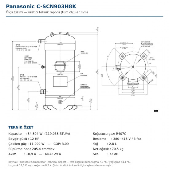 Panasonic C-SCN903H8K სპირალური კომპრესორი ვენტილების გარეშე – 12 HP / 119.100 BTU, R134A-R404A-R407C