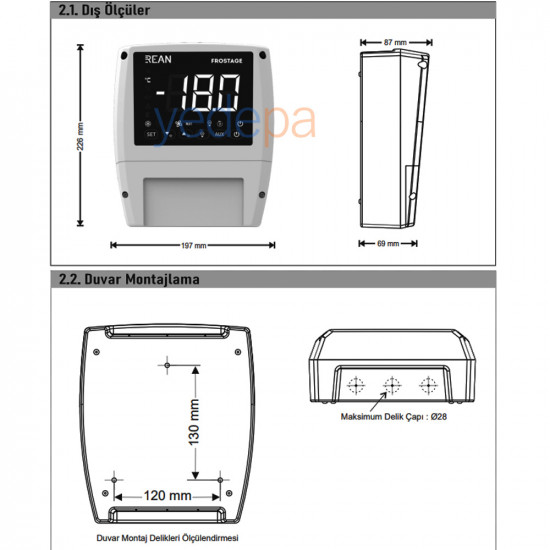 Rean RCR305-230 Dual Sensor Panel-Mount Cold Room Digital Thermostat (NTC Sensor Included)