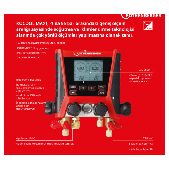 Rothenberger ROCOOL MAXI 4 Yollu Dijital Manifold Seti – Bluetooth, -1…55 bar, R32 Uyumlu (1000005503)