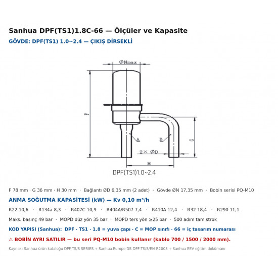 Sanhua DPF(TS1)1.8C-66 ელექტრონული ტრვ (EEV) – Kv 0,10 · 500 ბიჯი · Ø6,35 mm მოხრილი მიერთება
