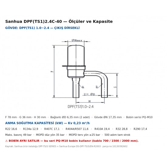 Sanhua DPF(TS1)2.4C-40 Electronic Expansion Valve (EEV) – Kv 0.23 · 500 Steps · Ø6.35 mm Elbow Connection