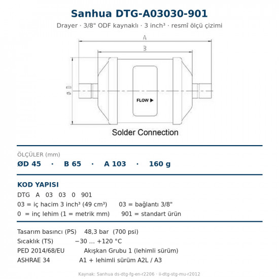 Sanhua DTG-A03030-901 ფილტრ-ოსუშიტელი (საშრობი ფილტრი) – 3/8" ODF სარჩილავი, 3 inch³, 48,3 bar