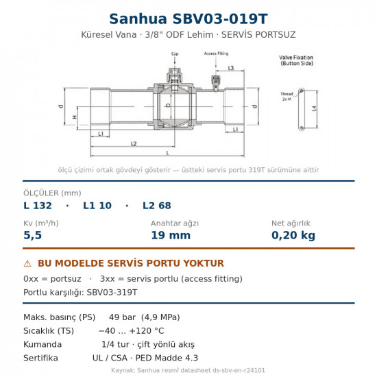 Sanhua SBV03-019T Ball Valve without Service Port – 3/8" ODF Solder, Kv 5.5, 49 bar