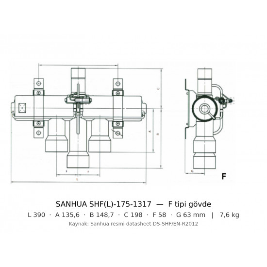 Sanhua SHF(L)-175-1317 ოთხსვლიანი რევერსული (Reversing) კლაპანი | ~190 kW R410A | 1 5/8" + 2 1/8" ODF | კატუშკა ცალკე