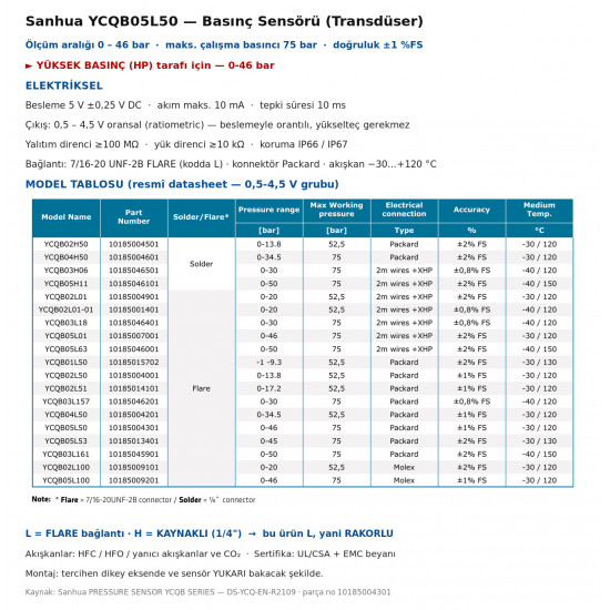 Sanhua YCQB05L50 წნევის დატჩიკი (ტრანსდიუსერი) – 0 – 46 ბარი, 0,5-4,5 V პროპორციული გამოსავალი, 7/16" Flare