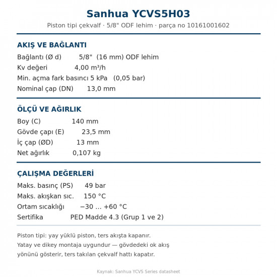 Sanhua YCVS5H03 ობრატნი კლაპანი (ცალმხრივი სარქველი) – 5/8" ODF სარჩილავი, Kv 4,00, 49 bar