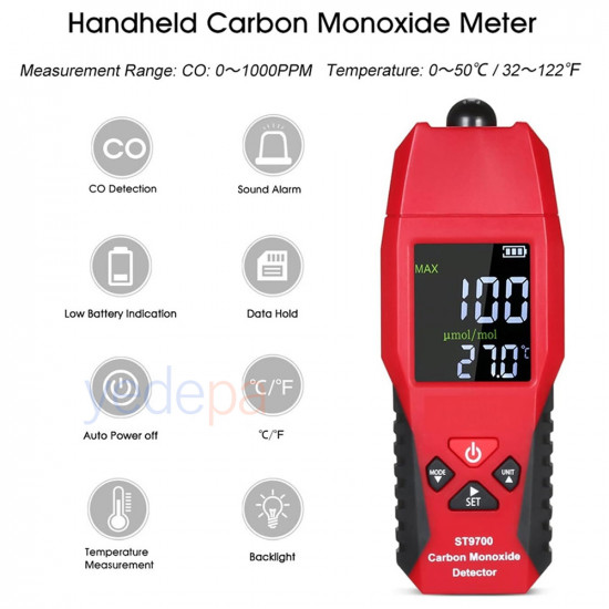 Smart Sensor ST9700 პორტატული ნახშირჟანგის დეტექტორი – 0-1000PPM CO გაზომვა, ხმოვანი და ვიზუალური სიგნალიზაცია, ტემპერატურის ჩვენებით