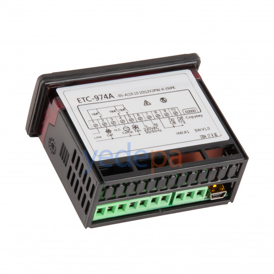Techsun ETC-974A ციფრული თერმოსტატი 220V – ორი დატჩიკით, კომპრესორის, ვენტილატორის და დეფროსტის მართვით, -40°C / +50°C ტემპერატურის დიაპაზონი