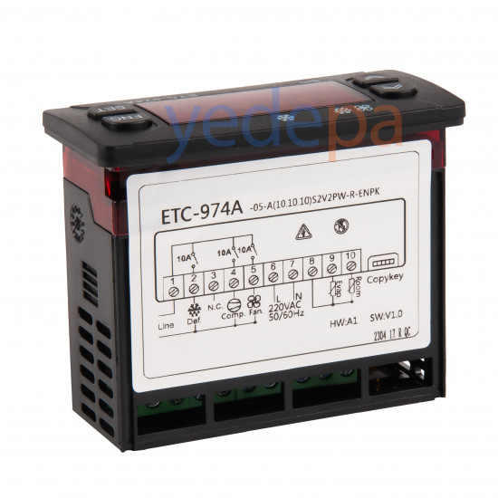 Techsun ETC-974A ციფრული თერმოსტატი 220V – ორი დატჩიკით, კომპრესორის, ვენტილატორის და დეფროსტის მართვით, -40°C / +50°C ტემპერატურის დიაპაზონი