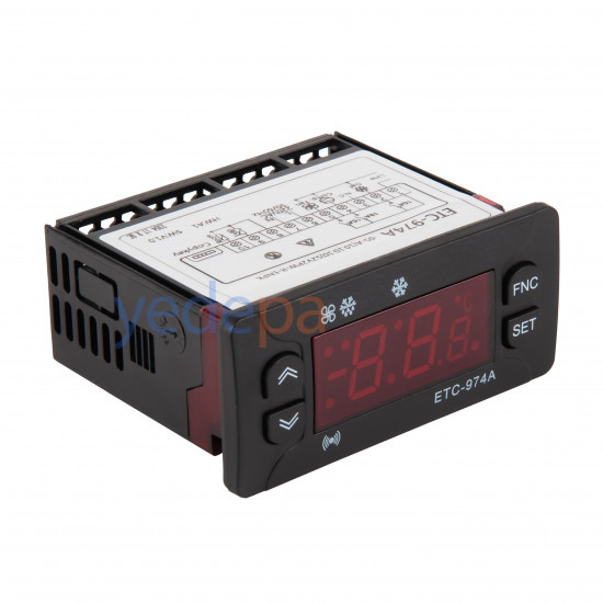 Techsun ETC-974A ციფრული თერმოსტატი 220V – ორი დატჩიკით, კომპრესორის, ვენტილატორის და დეფროსტის მართვით, -40°C / +50°C ტემპერატურის დიაპაზონი