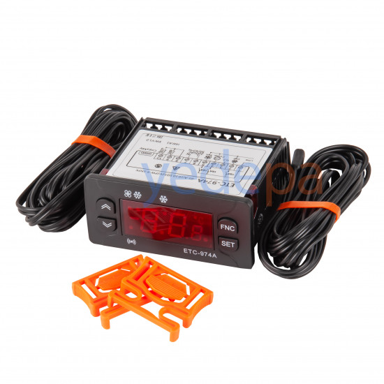 Techsun ETC-974A ციფრული თერმოსტატი 220V – ორი დატჩიკით, კომპრესორის, ვენტილატორის და დეფროსტის მართვით, -40°C / +50°C ტემპერატურის დიაპაზონი