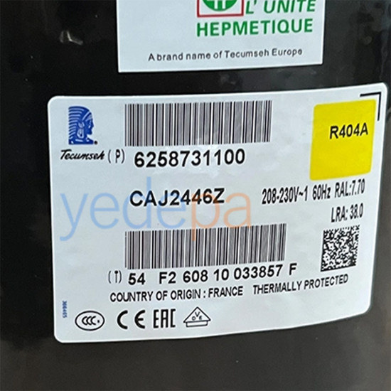 Tecumseh AJ 2446 P-FZ (Old Code: CAJ 2446 Z) 1 Hp R-404A Refrigeration Compressor
