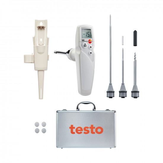 Testo 105 საკვების თერმომეტრის ნაკრები – სტანდარტული, გაყინული პროდუქტის და გრძელი საზომი შუპით, −50…+275 °C, IP65, ალუმინის კეისი (0563 1052)