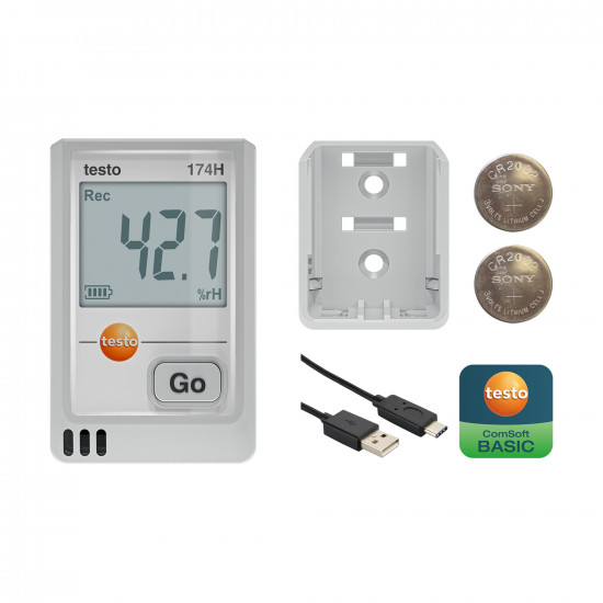 Testo 174 H Mini Temperature and Humidity Data Logger – −20…+70 °C, 0…100 %RH, 16,000 Reading Memory, Display, USB-C (0572 1741 01)