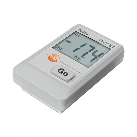 Testo 174 T BT Bluetooth მინი ტემპერატურის ლოგერი (Data Logger) – −30…+70 °C, IP65, EN 12830, სამაცივრე კამერისა და მოროზილნიკისთვის (0572 1742 01)