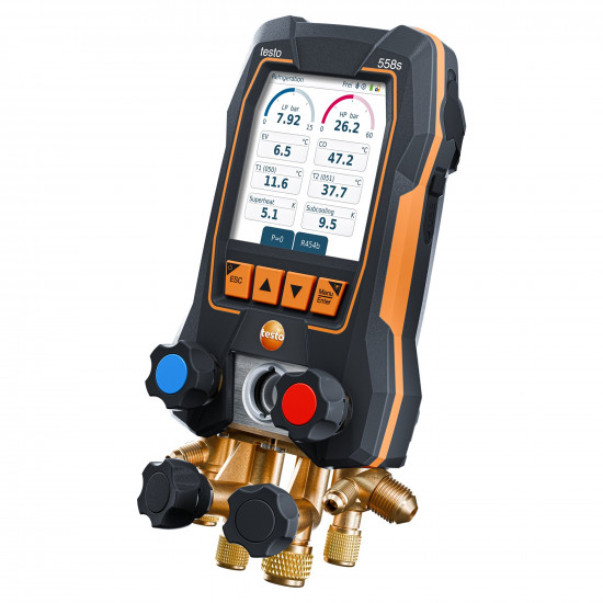 Testo 558s ჭკვიანი ვაკუუმის ნაკრები – სენსორული 4-გზიანი ციფრული კოლექტორი + 2× 115i მომჭერიანი თერმომეტრი + 552i ვაკუუმის ზონდი (0564 5582)