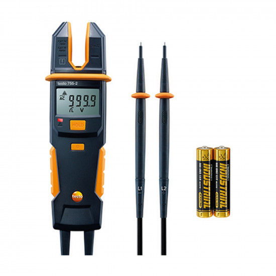 Testo 755-2 დენისა და ძაბვის ტესტერი – 1000 V AC/DC, 200 A AC, ფაზების ბრუნვის მიმართულების და ერთპოლუსიანი ფაზის ტესტი, ფანრით (0590 7552)