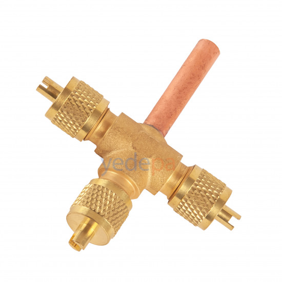 Thermotrick 7/16-20UNF Three-Way Charging Valve with Valve Core – 1/4" 30 mm Copper Tube