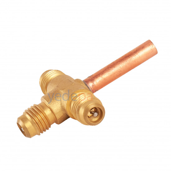Thermotrick 7/16-20UNF Three-Way Charging Valve with Valve Core – 1/4" 30 mm Copper Tube