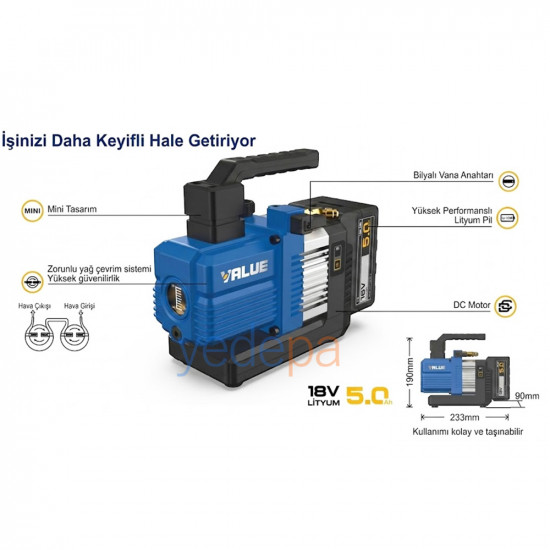 Value VRP-2DLi Şarjlı (Akülü) Çift Kademe Vakum Pompası (18V 5Ah - R32/R1234yf Uyumlu)