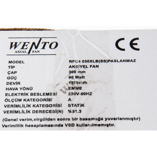 Wento RFC4-030 XLB (SS) 300 mm Stainless Suction Axial Fan – 1,370 RPM, 90W, 1,900 m³/h
