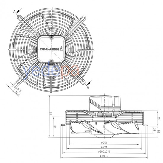 Ziehl-Abegg FN025-4EW.W8.A7 Axial Fan - Made in Germany, 230V, 250mm Fan Diameter, 980 m³/h Air Flow, 1370 RPM, Suction Type - Art. 139726