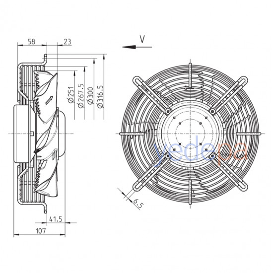Ziehl-Abegg FN025-6IK.0E.V7 Axial Fan - Made in Germany, 220V, 0.23kW, 3250 RPM, 250mm Fan Diameter, 2,250 m³/h Air Flow
