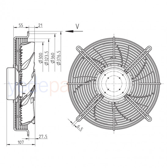 Ziehl-Abegg FN030-6IK.0E.V7 Axial Fan - 220-277V, 0.45kW, 1900 RPM, 300mm Fan Diameter, 2,800 m³/h Air Flow, Suction Direction - Art. 140051