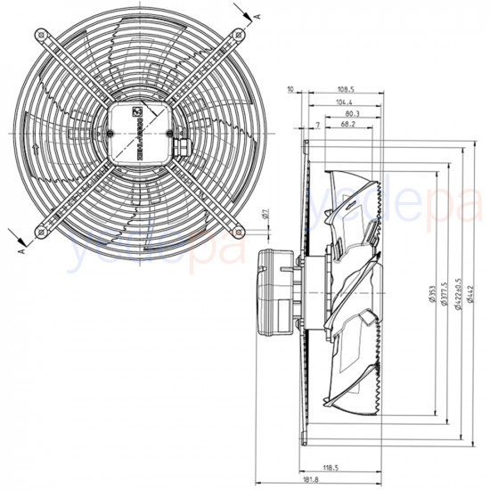 Ziehl-Abegg FN035-4ED.0F.A7P2 Axial Fan - 230V, 230W, 1410 RPM, 350mm Fan Diameter, 2,750 m³/h Air Flow, Blowing Direction - Art. 155877
