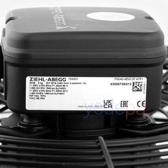 Ziehl-Abegg FN040-4EW.0F.A7P1 Axial Fan - 230V, 400mm Fan Diameter, 4,100 m³/h Air Flow, 1340 RPM, Blowing Direction - Art. 154201