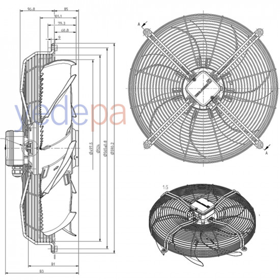 Ziehl-Abegg FN050-4EK.4I.V7P1 Axial Fan - 230V, 500mm Fan Diameter, 8,900 m³/h Air Flow, 1240 RPM, Suction Type - Art. 175052