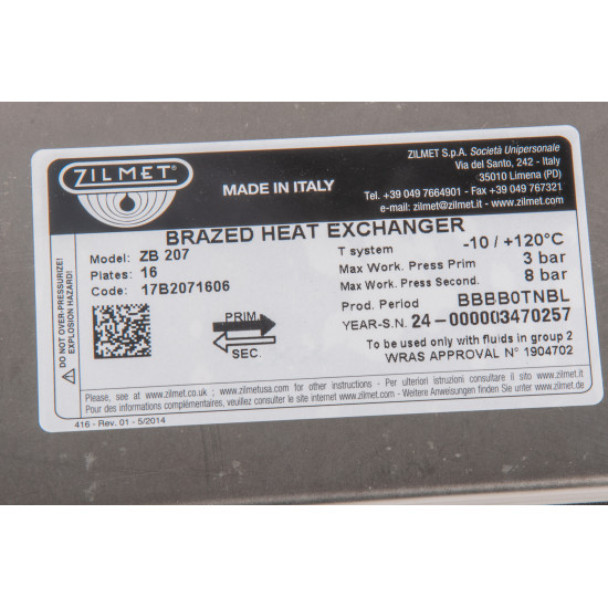 Zilmet 17B2071606 16-Plate Combi Boiler Heat Exchanger, 166 mm Screw Spacing - Demirdöküm Aden, Baxi New, Ariston Compatible