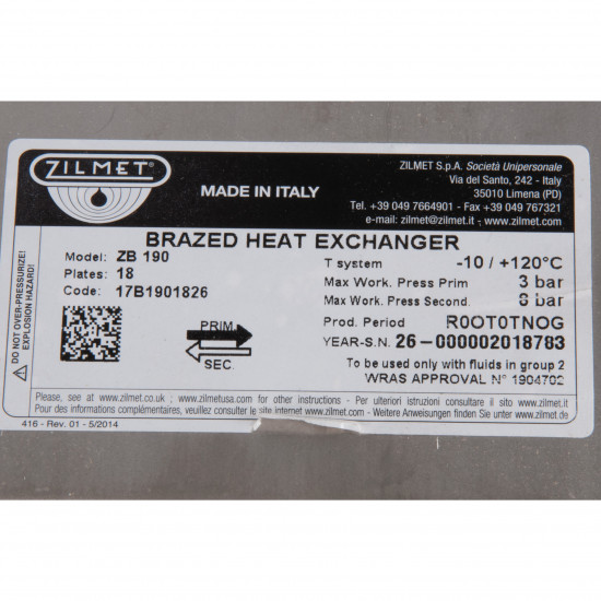 Zilmet Combi Boiler Plate Heat Exchanger 18 Plates – 17B1901826, 148 mm, 28 kW | Compatible with Fondital Tahiti, Flores, Pictor, Aries Dual